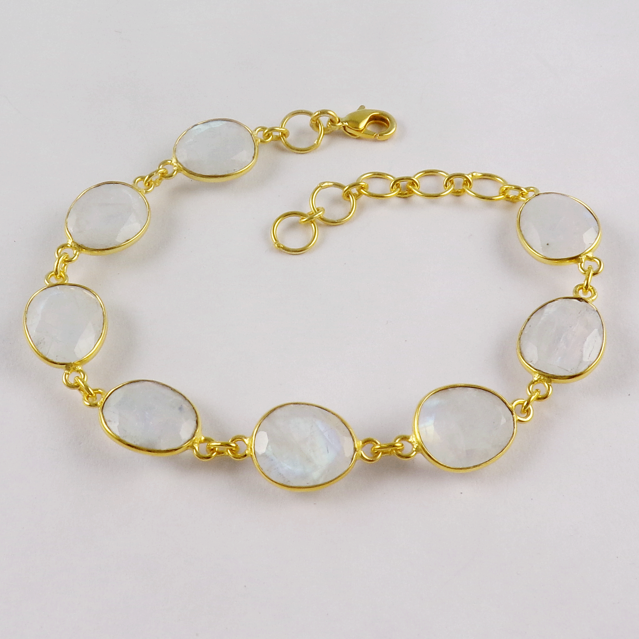 Stunning Rainbow Moonstone Brass Bracelet J - BZB999 18K Gold Plated Cut Oval 8x10mm Bezel Setting Brass Bracelet
